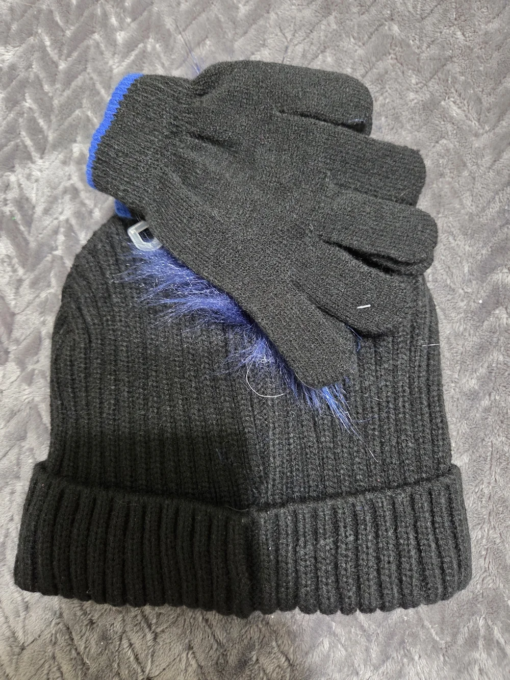 Kids Black Knit Mittens & Hat Set with Blue Faux Fur Pom and Playful Eyes